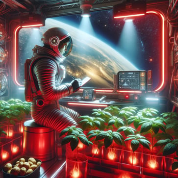 DALL·E 2024-02-20 17.03.23 - A scene inside a futuristic space station where a scientist in a sleek space suit is observing potato plants under red light. The environment is fille