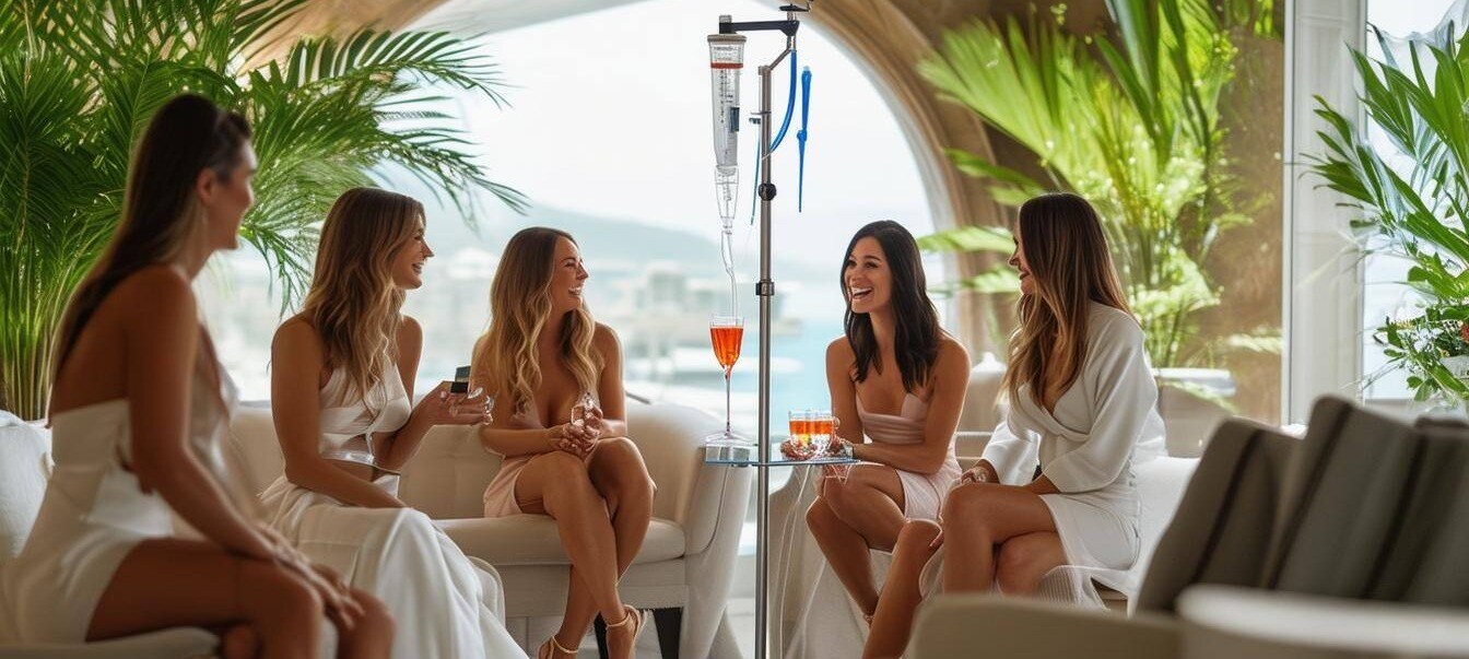 Group of women enjoying NAD IV therapy in a luxury setting, looking relaxed and joyful.